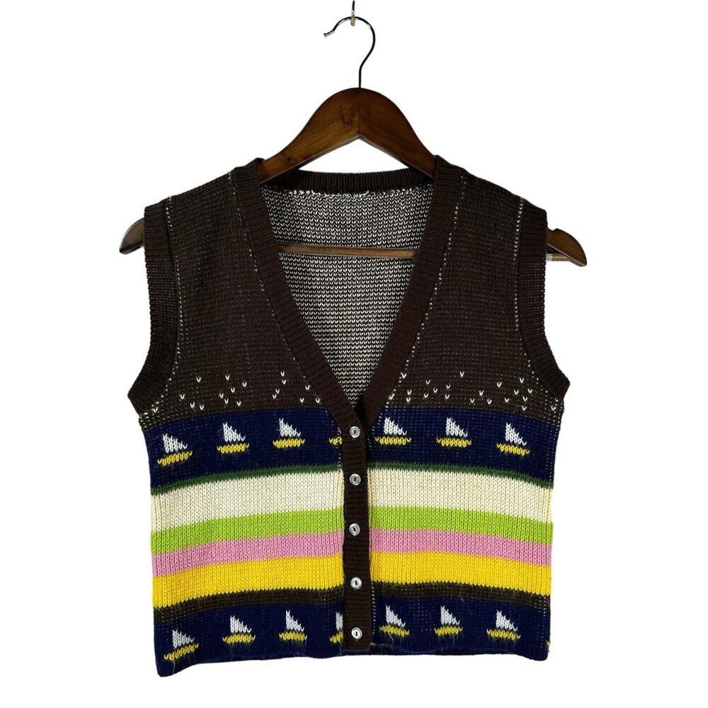 Knit Sweater Vest Sailboat Print Multi Color Stripe Button Front Size XS Womens